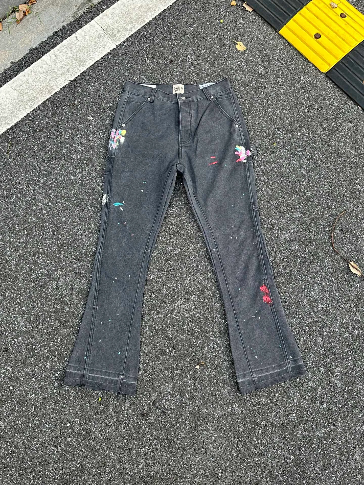 P240💰GA01 GALLERY DEPT. Spliced ​​washed retro jeans for men and women, high street splash pants, micro-flared casual trousers, trendy couples, the same style. Color: washed gray Size: 28 30 32 34 36 (corresponds to S M L XL XXL)